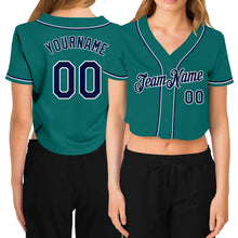 Laden Sie das Bild in den Galerie-Viewer, Custom Women's Aqua Navy-White V-Neck Cropped Baseball Jersey