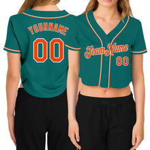 Laden Sie das Bild in den Galerie-Viewer, Custom Women's Aqua Orange-White V-Neck Cropped Baseball Jersey