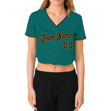 Laden Sie das Bild in den Galerie-Viewer, Custom Women's Aqua Black-Old Gold V-Neck Cropped Baseball Jersey