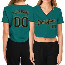 Laden Sie das Bild in den Galerie-Viewer, Custom Women's Aqua Black-Old Gold V-Neck Cropped Baseball Jersey