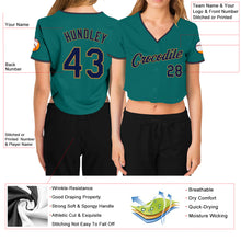 Laden Sie das Bild in den Galerie-Viewer, Custom Women's Aqua Navy-Old Gold V-Neck Cropped Baseball Jersey