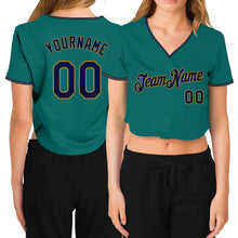 Laden Sie das Bild in den Galerie-Viewer, Custom Women's Aqua Navy-Old Gold V-Neck Cropped Baseball Jersey