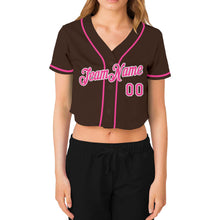 Laden Sie das Bild in den Galerie-Viewer, Custom Women's Brown Pink-White V-Neck Cropped Baseball Jersey