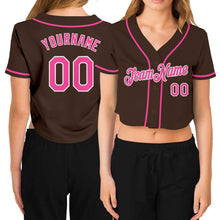 Laden Sie das Bild in den Galerie-Viewer, Custom Women's Brown Pink-White V-Neck Cropped Baseball Jersey