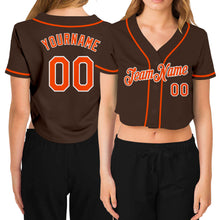 Laden Sie das Bild in den Galerie-Viewer, Custom Women's Brown Orange-White V-Neck Cropped Baseball Jersey