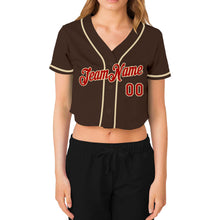Laden Sie das Bild in den Galerie-Viewer, Custom Women's Brown Red-Cream V-Neck Cropped Baseball Jersey