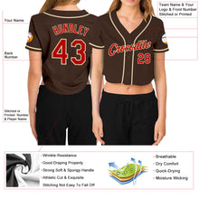 Laden Sie das Bild in den Galerie-Viewer, Custom Women's Brown Red-Cream V-Neck Cropped Baseball Jersey