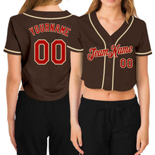 Laden Sie das Bild in den Galerie-Viewer, Custom Women's Brown Red-Cream V-Neck Cropped Baseball Jersey