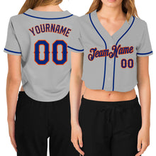 Загрузить изображение в средство просмотра галереи, Custom Women's Gray Royal-Orange V-Neck Cropped Baseball Jersey