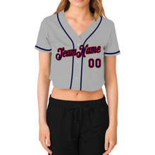 Laden Sie das Bild in den Galerie-Viewer, Custom Women's Gray Navy-Red V-Neck Cropped Baseball Jersey