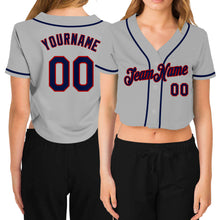 Laden Sie das Bild in den Galerie-Viewer, Custom Women's Gray Navy-Red V-Neck Cropped Baseball Jersey