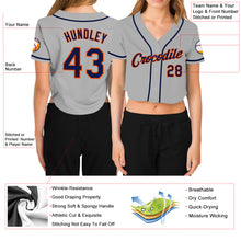 Загрузить изображение в средство просмотра галереи, Custom Women's Gray Navy-Orange V-Neck Cropped Baseball Jersey