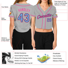 Загрузить изображение в средство просмотра галереи, Custom Women's Gray Light Blue Black-Pink V-Neck Cropped Baseball Jersey