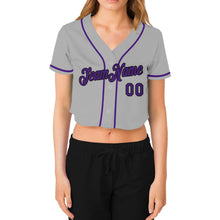 Загрузить изображение в средство просмотра галереи, Custom Women's Gray Purple-Black V-Neck Cropped Baseball Jersey