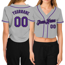 Загрузить изображение в средство просмотра галереи, Custom Women's Gray Purple-Black V-Neck Cropped Baseball Jersey