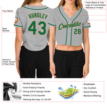 Загрузить изображение в средство просмотра галереи, Custom Women's Gray Kelly Green-Old Gold V-Neck Cropped Baseball Jersey
