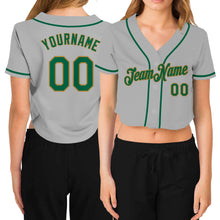 Загрузить изображение в средство просмотра галереи, Custom Women's Gray Kelly Green-Old Gold V-Neck Cropped Baseball Jersey