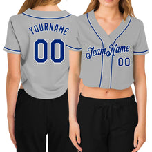 Загрузить изображение в средство просмотра галереи, Custom Women's Gray Royal-White V-Neck Cropped Baseball Jersey