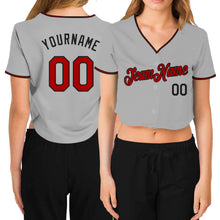 Загрузить изображение в средство просмотра галереи, Custom Women's Gray Red-Black V-Neck Cropped Baseball Jersey