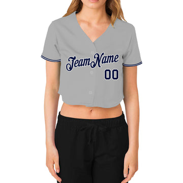 Custom Women's Gray Navy-White V-Neck Cropped Baseball Jersey