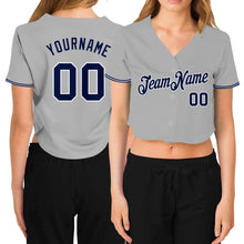 Загрузить изображение в средство просмотра галереи, Custom Women's Gray Navy-White V-Neck Cropped Baseball Jersey