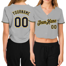 Загрузить изображение в средство просмотра галереи, Custom Women's Gray Navy-Gold V-Neck Cropped Baseball Jersey