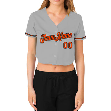 Custom Women's Gray Orange-Black V-Neck Cropped Baseball Jersey