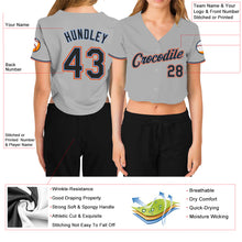 Load image into Gallery viewer, Custom Women's Gray Black Powder Blue-Orange V-Neck Cropped Baseball Jersey