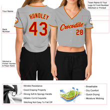 Laden Sie das Bild in den Galerie-Viewer, Custom Women's Gray Red-Gold V-Neck Cropped Baseball Jersey