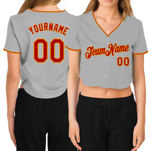 Laden Sie das Bild in den Galerie-Viewer, Custom Women's Gray Red-Gold V-Neck Cropped Baseball Jersey