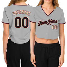Загрузить изображение в средство просмотра галереи, Custom Women's Gray Black Crimson-Cream V-Neck Cropped Baseball Jersey