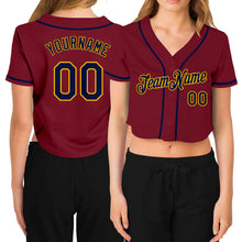 Загрузить изображение в средство просмотра галереи, Custom Women's Crimson Navy-Gold V-Neck Cropped Baseball Jersey