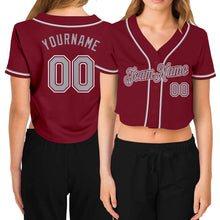 Laden Sie das Bild in den Galerie-Viewer, Custom Women's Crimson Gray-White V-Neck Cropped Baseball Jersey