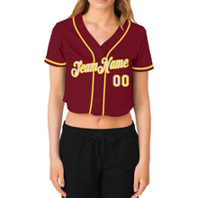 Laden Sie das Bild in den Galerie-Viewer, Custom Women's Crimson White-Gold V-Neck Cropped Baseball Jersey