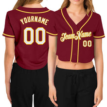 Laden Sie das Bild in den Galerie-Viewer, Custom Women's Crimson White-Gold V-Neck Cropped Baseball Jersey