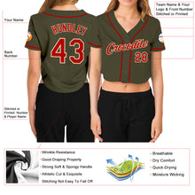 Загрузить изображение в средство просмотра галереи, Custom Women's Olive Red-Cream Salute To Service V-Neck Cropped Baseball Jersey