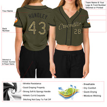 Загрузить изображение в средство просмотра галереи, Custom Women's Olive Camo-Black Salute To Service V-Neck Cropped Baseball Jersey