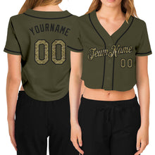 Загрузить изображение в средство просмотра галереи, Custom Women's Olive Camo-Black Salute To Service V-Neck Cropped Baseball Jersey