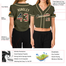 Загрузить изображение в средство просмотра галереи, Custom Women's Olive Vintage USA Flag-Cream Salute To Service V-Neck Cropped Baseball Jersey