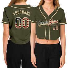 Загрузить изображение в средство просмотра галереи, Custom Women's Olive Vintage USA Flag-Cream Salute To Service V-Neck Cropped Baseball Jersey
