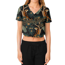 Laden Sie das Bild in den Galerie-Viewer, Custom Women's Black Black-Old Gold Tiger And Peacock 3D V-Neck Cropped Baseball Jersey