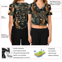 Laden Sie das Bild in den Galerie-Viewer, Custom Women's Black Black-Old Gold Tiger And Peacock 3D V-Neck Cropped Baseball Jersey