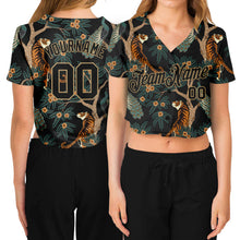 Laden Sie das Bild in den Galerie-Viewer, Custom Women's Black Black-Old Gold Tiger And Peacock 3D V-Neck Cropped Baseball Jersey