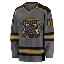 Load image into Gallery viewer, Custom Steel Gray Black-Old Gold Hockey Jersey
