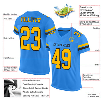 Custom Electric Blue Gold-Black Mesh Authentic Football Jersey