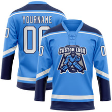 Загрузить изображение в средство просмотра галереи, Custom Powder Blue White-Navy Hockey Lace Neck Jersey