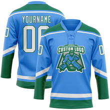 Charger l'image dans la galerie, Custom Powder Blue White-Kelly Green Hockey Lace Neck Jersey
