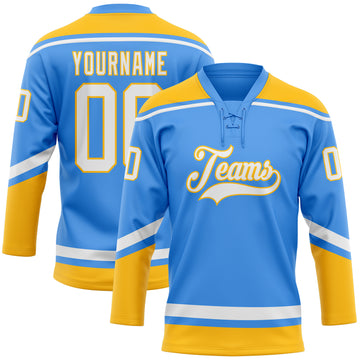 Custom Electric Blue White-Gold Hockey Lace Neck Jersey