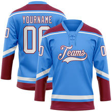Laden Sie das Bild in den Galerie-Viewer, Custom Powder Blue White-Maroon Hockey Lace Neck Jersey