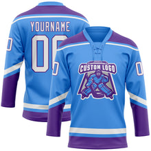Загрузить изображение в средство просмотра галереи, Custom Powder Blue White-Purple Hockey Lace Neck Jersey
